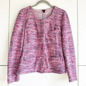 J. Crew Poppy Micro Tweed Jacket Size Medium Pink Purple Two Way Zip Pockets